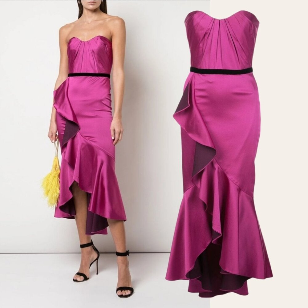 Strapless Fuchsia High-Low Ruffle Dress with Black Waist Trim